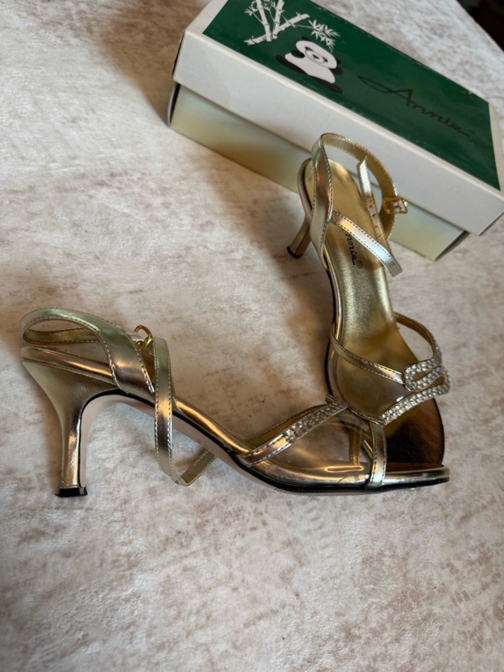 Annie Gold Rhinestone Open-Toe Slingback Heels - Picture 3 of 7